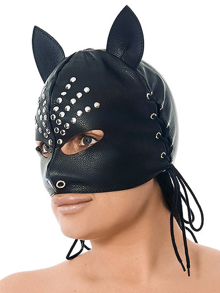 Leder-Kopfmaske mit Katzenohren, schwarz